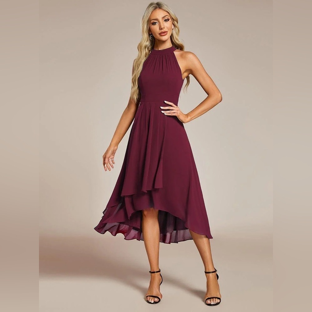 🆕 Midi Halter Neck Chiffon Wedding Guest Dress with Sleeveless and A-Line